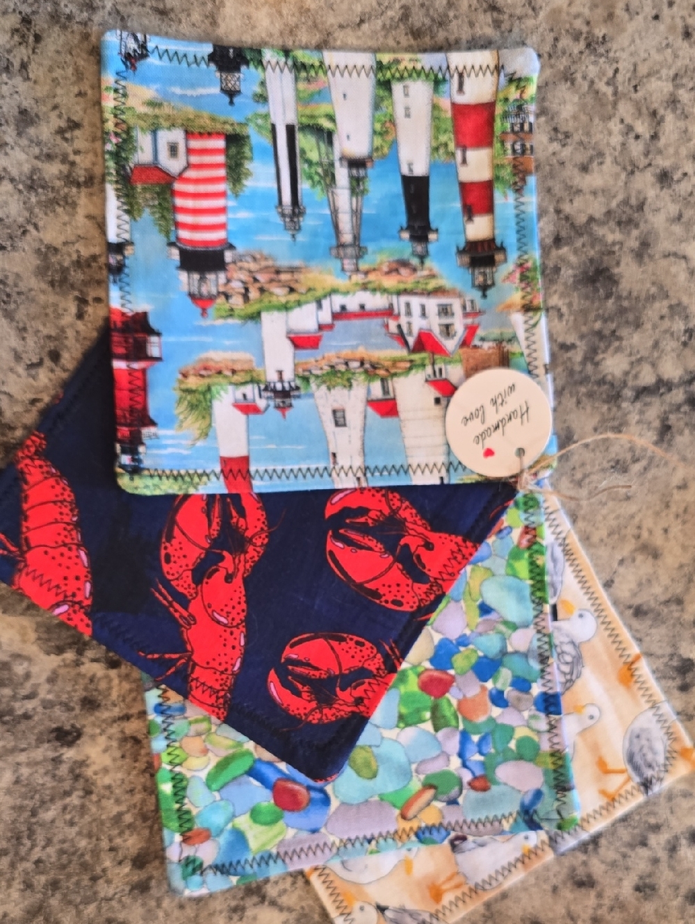 Handmade Coastal Print Reversible Cloth Squares - Lighthouses & Lobsters